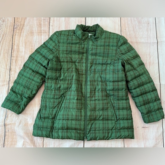J Jill Down Puffer Jacket Womens Size Large Green Plaid Full Zip Pockets - Picture 2 of 10